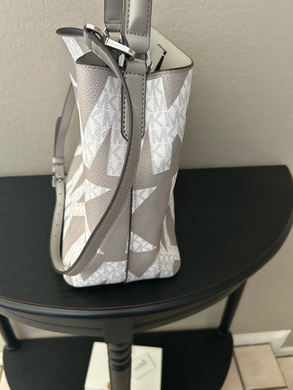 Michael Kors Light Gray MK Logo Drawstring Shoulder Tote - Picture 13 of 15